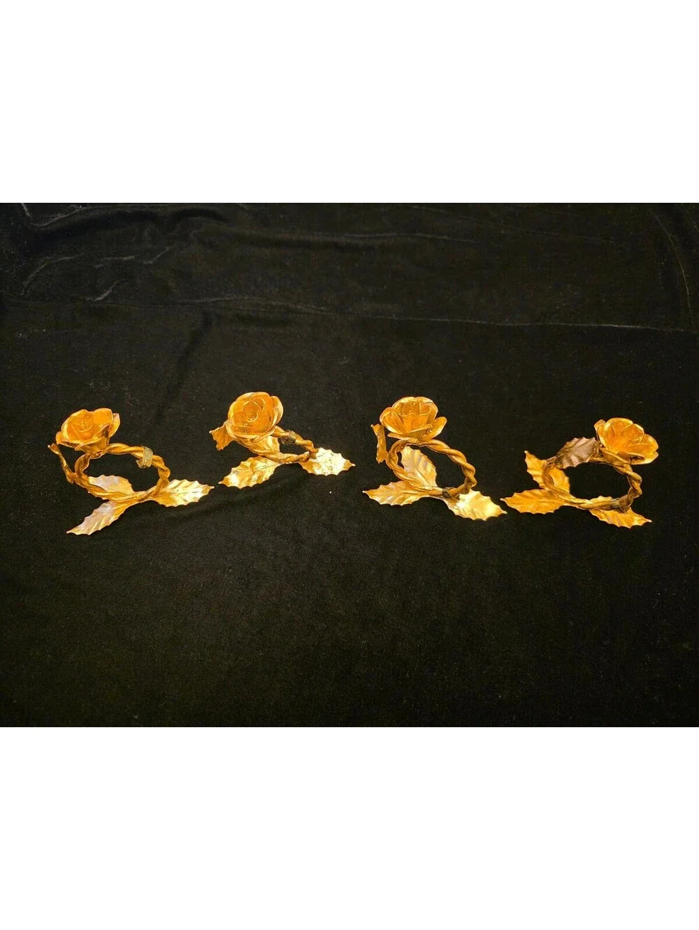 Vntg Italian Gilt Tole Rose Napkin Rings Set of 4 Gold Hollywood Regency Italy